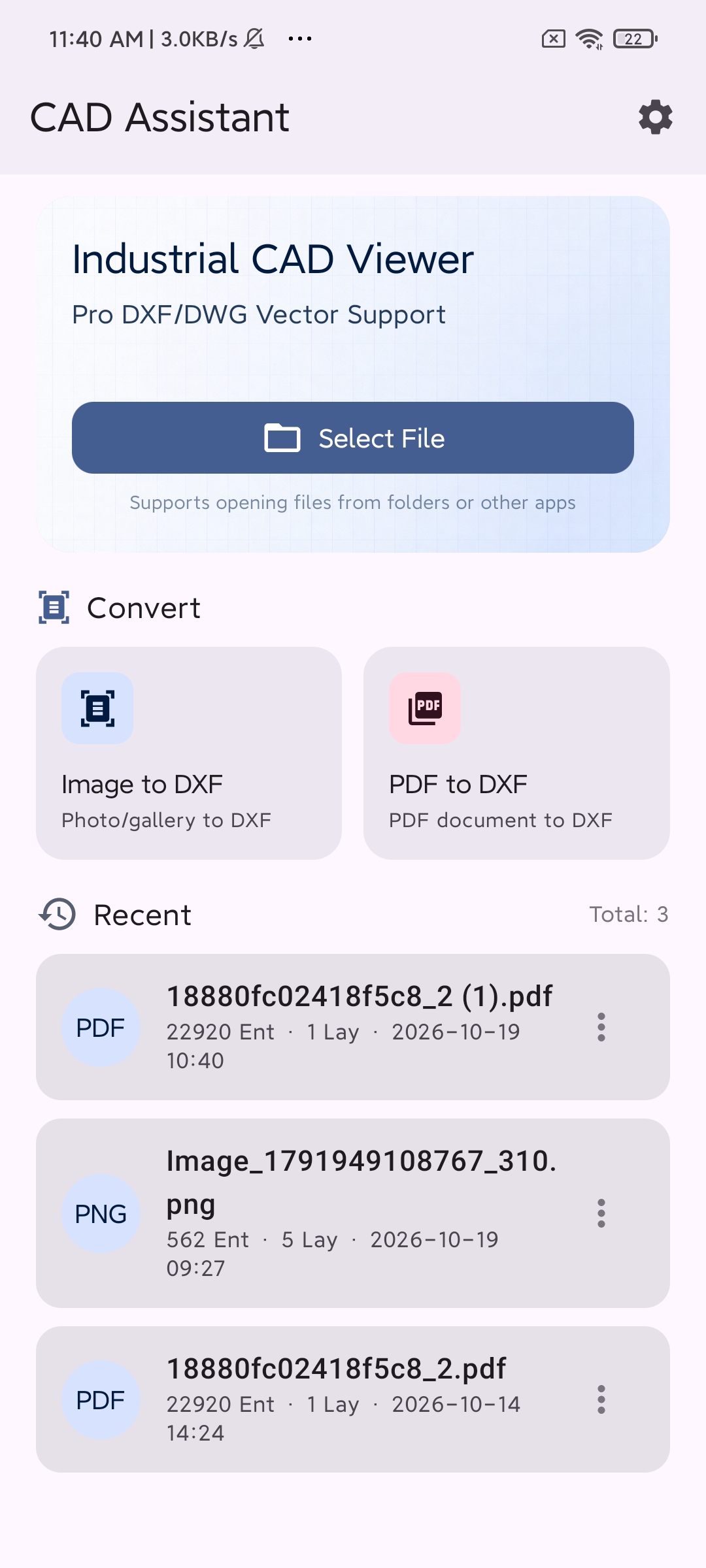 Open drawings or convert an image or PDF from the app home screen