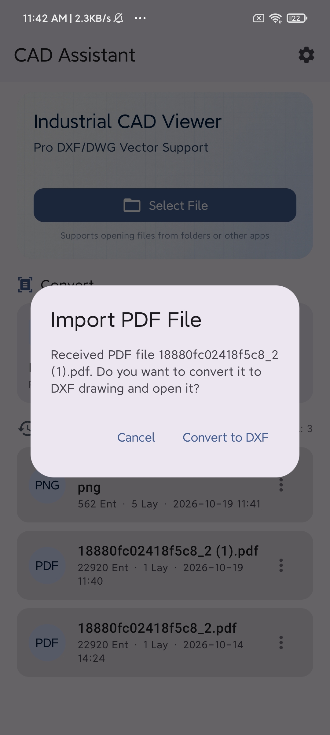 Confirm Convert to DXF after opening a PDF from another app
