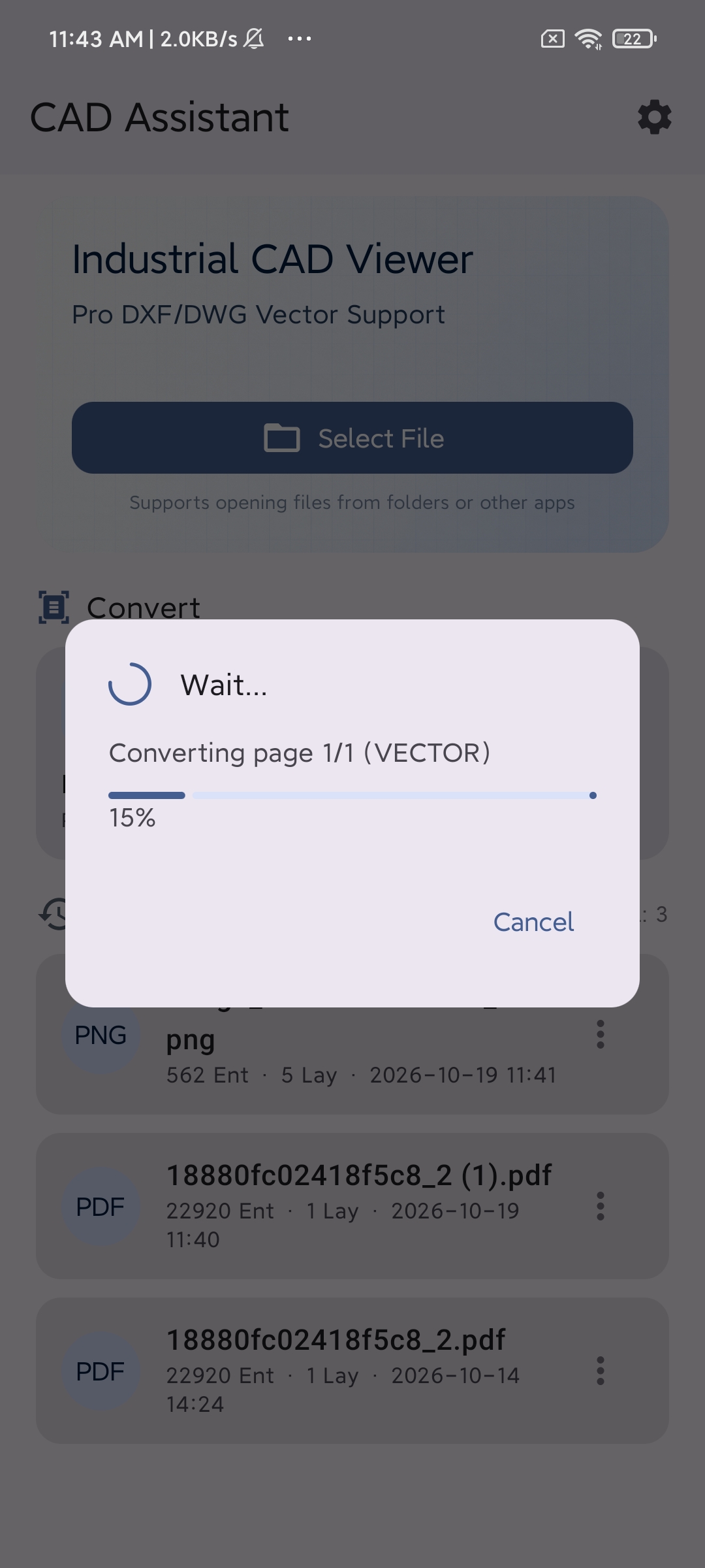 Follow PDF conversion progress or cancel the operation