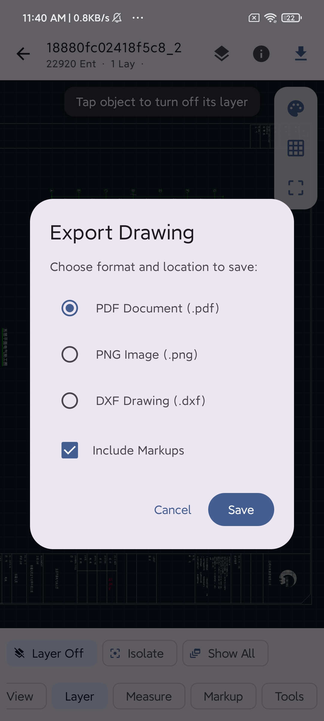 Choose PDF, PNG or DXF and optionally include markup