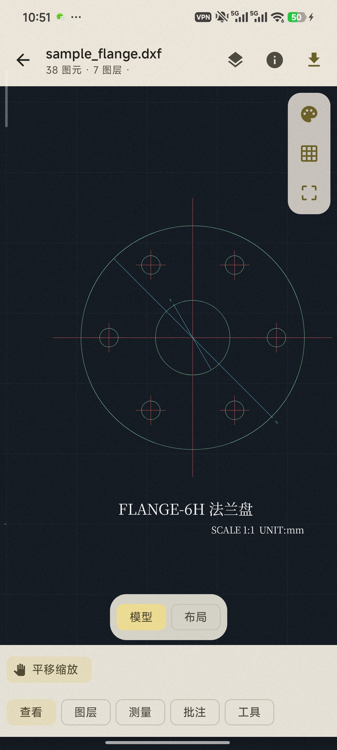 在深色画布上查看机械法兰 DXF 图纸